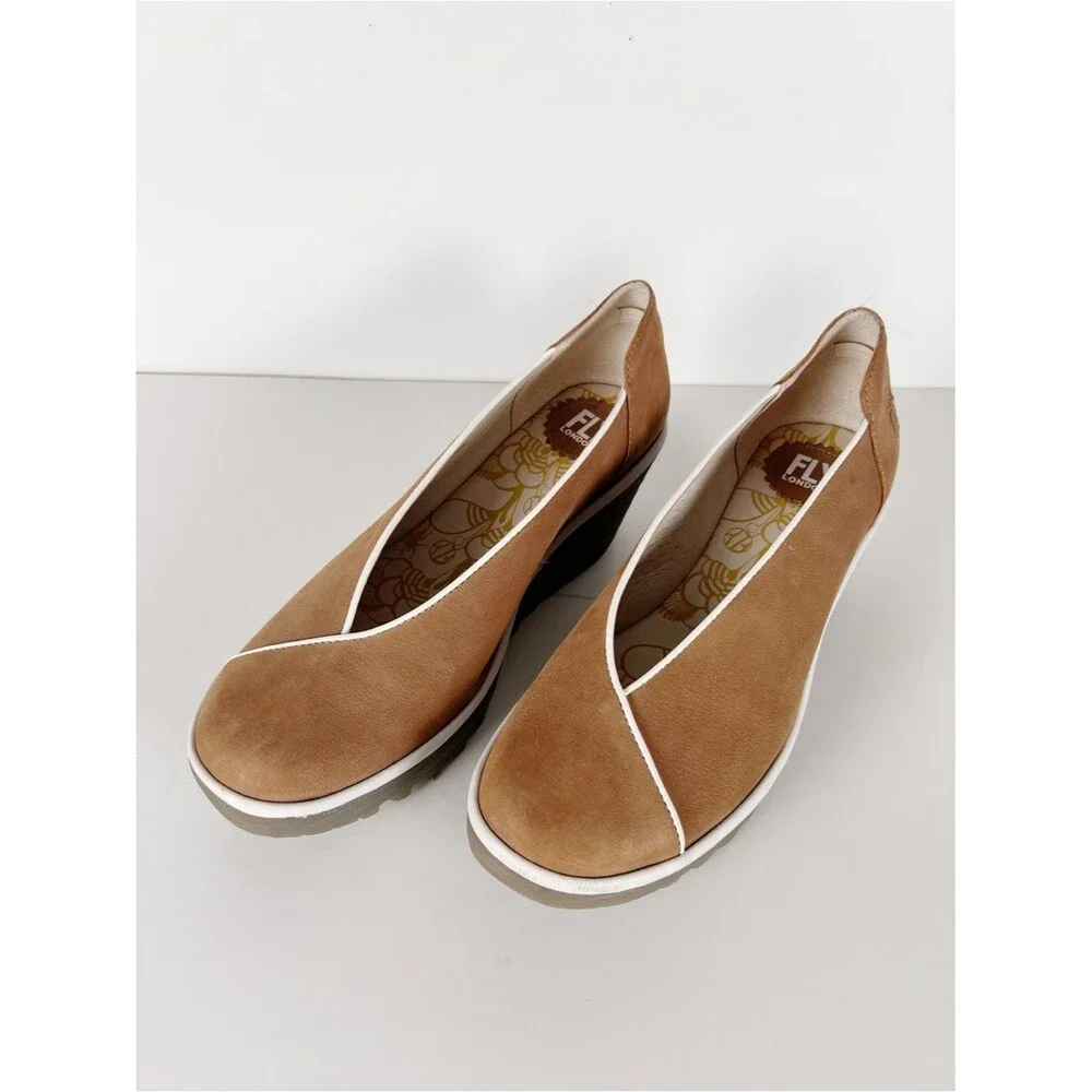 Fly London Yuca Tan Leather White Trim Wedge Slip-On Platform Size 10-10.5